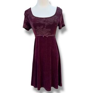 90s stretchy burgundy party dress with short sleeves and bow detail
